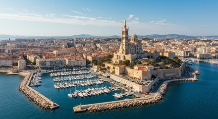 Obraz premium Marseille Cityscape and Harbor - Aerial view of Marseille, France, showcasing the city's beautiful harbor filled with boats and the iconic Notre-Dame de la Garde basilica