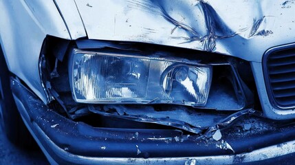 Damaged car headlight and front bumper after collision