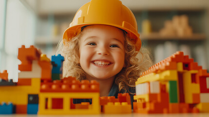 A young girl with curly hair wears a yellow hard hat and smiles while playing with toy construction blocks, building colorful structures.