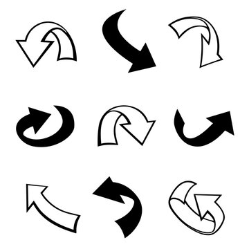 Arrow pointers outline and flat design icon set isolated on white background. Navigation interface sign symbol collection
