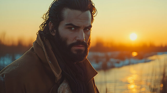 A brooding man with a beard, wearing a brown coat, stares intensely at the viewer during a sunset near a frozen river