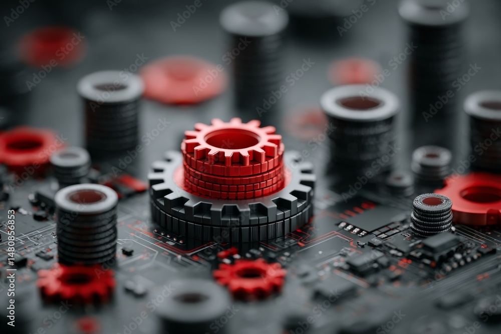 Poster macro close-up of intricate red and dark gray gears on a complex electronic circuit board with detai