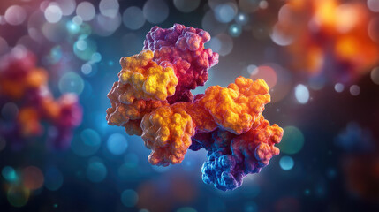Fototapeta premium Close-up view of a vibrant, multi-colored biological molecule, bokeh background