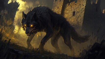 Glowing eyed black wolf mystical ruins fiery night sky fantasy art