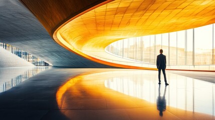Businessman contemplating city view from modern building interior