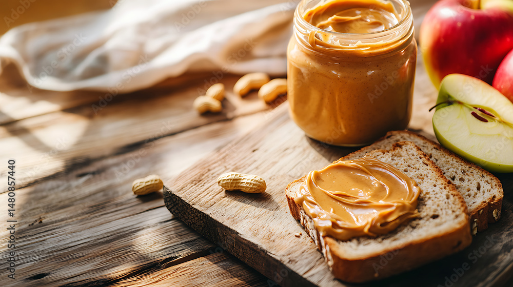 Aufkleber peanut butter sandwich and apple slices on rustic wood table. a jar of peanut butter and peanuts com