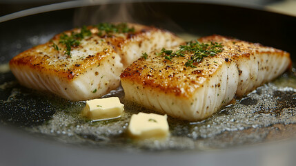 Pan-seared fish fillets sizzling in butter, seasoned with herbs, cooking in a dark pan
