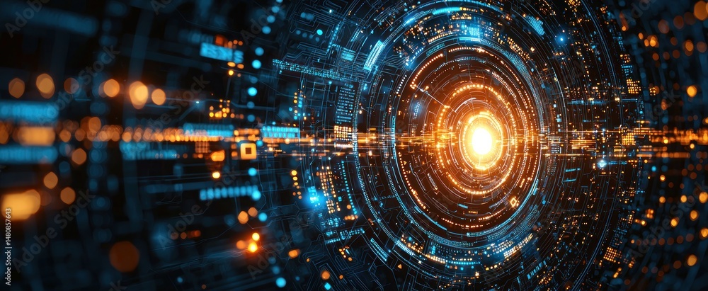 Poster abstract digital tunnel with glowing orange and blue circuits. intricate design featuring concentric
