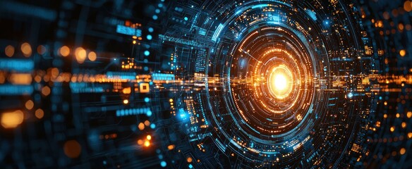 Abstract digital tunnel with glowing orange and blue circuits.  Intricate design featuring concentric rings and data streams