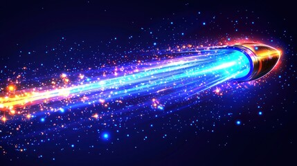 A glowing projectile streaks across a dark, starry expanse, leaving a vibrant trail of light and energy in its wake