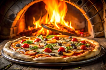 Margherita pizza bubbling in rustic wood fired oven with cheese melting and herbs crisping delicious look for pizzeria ad or digital promotion milkyhexddway pizzas Backgrounds ads