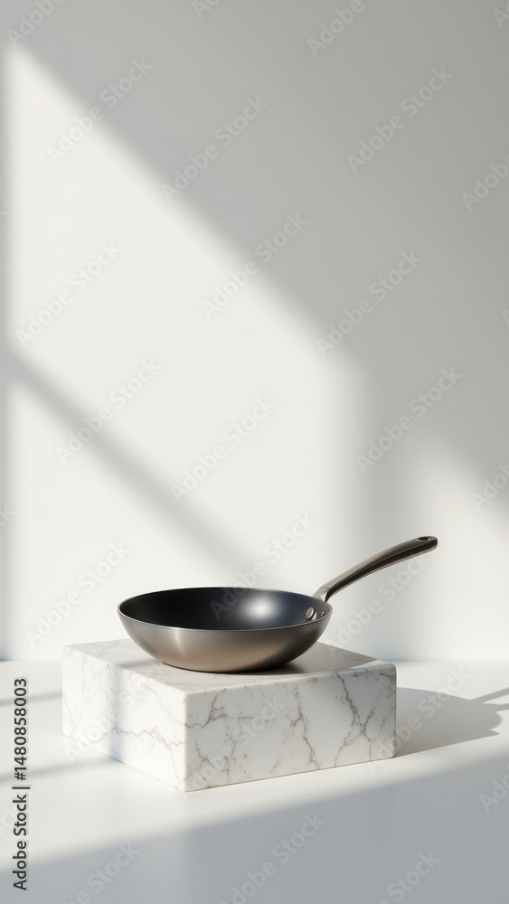 Aufkleber a stylish skillet resting on a marble block with sunlight streaming through a window.