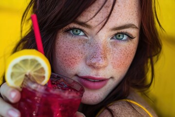 Joyful Girl with Freckles Enjoying a Refreshing Raspberry Drink in a Playful Summer Mood, AI Generated