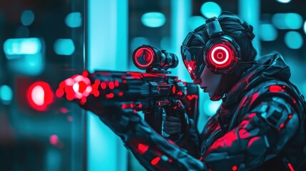 Female soldier aiming futuristic weapon in neon city at night