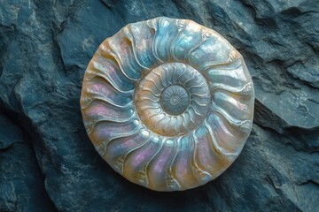 Obraz premium A mesmerizing ammonite fossil, iridescent and spiraled, rests on a dark, textured rock.