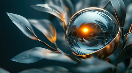Glass sphere reflecting sunset amidst metallic leaves abstract nature background