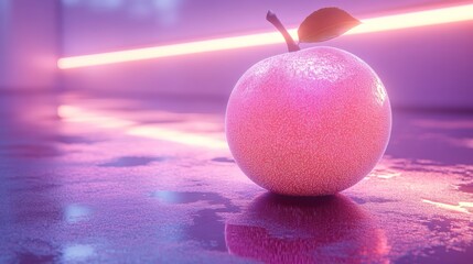 Pink apple neon light reflective surface still life image