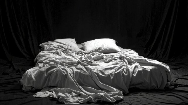A black and white photo of a messy bed with rumpled sheets and pillows.