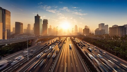 a wide shot of a busy highway in the city with the sun rising in the background