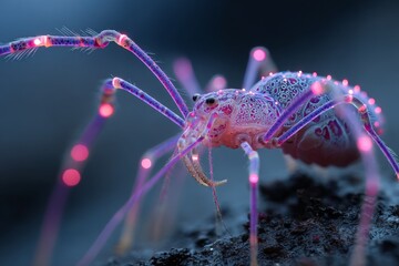 Close-up of Harvestman Spider with Long Legs and Detailed Body Texture Standing on Grungy Surface