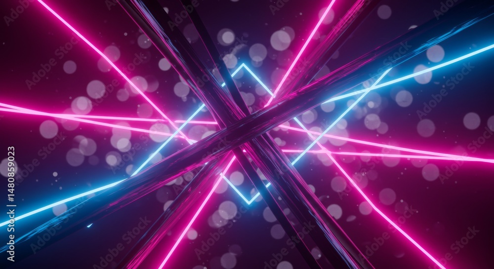 Poster neon lines abstract background - vibrant pink and blue neon lines intersect, creating an abstract, e
