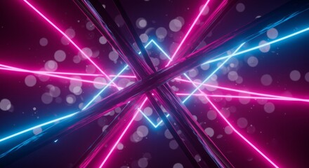Obraz premium Neon Lines Abstract Background - Vibrant pink and blue neon lines intersect, creating an abstract, energetic background with bokeh lights