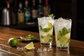 Photo-Realistic Mojito Glasses on Wooden Bar Counter with Reflections