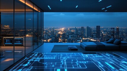 Smart home futuristic apartment night city view modern interior design