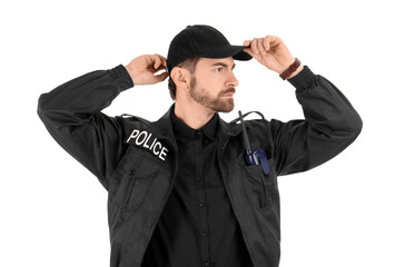 Male police officer with radio transmitter isolated on white background