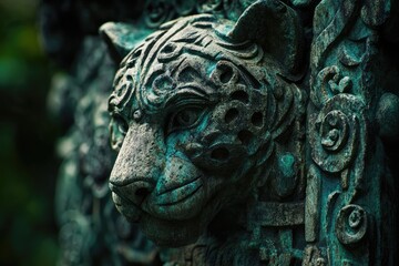 Fototapeta premium Intricate stone carving of a jaguar's head, adorned with Celtic-like patterns, showing age and weathering.