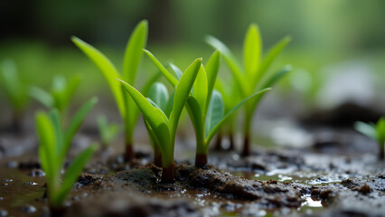 Willow sprouts on moist alluvial soil, vibrant green against dark earth, early growth stage by water.