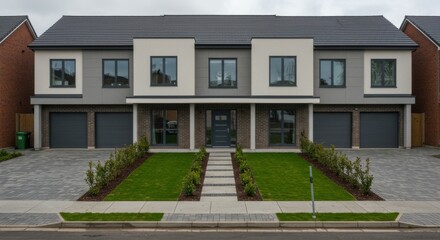 New Triplex House Final Construction Stage Modern Residential Property - Modern triplex home, showcasing contemporary architecture, spacious design, landscaped garden
