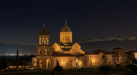 Night View of Illuminated Church and Mountains - Majestic church illuminated at night, set against a backdrop of starlit sky and distant mountains. Serene, peaceful atmosphere