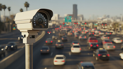 Traffic monitoring: A security camera overlooks a busy highway, ensuring road safety and traffic management. Urban surveillance at its finest.
