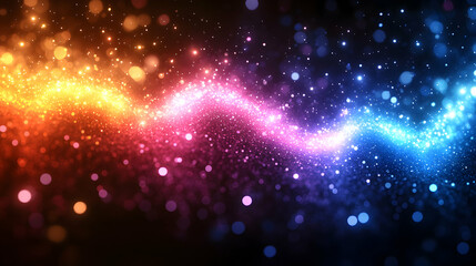 Fototapeta premium Vibrant, wavy light particles shimmer in orange, pink, and blue hues against a dark background