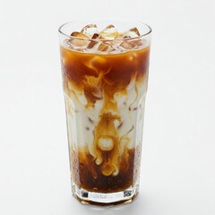 Coconut Thai Iced Coffee Glass of Thai-style iced coffee with coconut milk, condensed milk drizzle, and crushed ice on white background