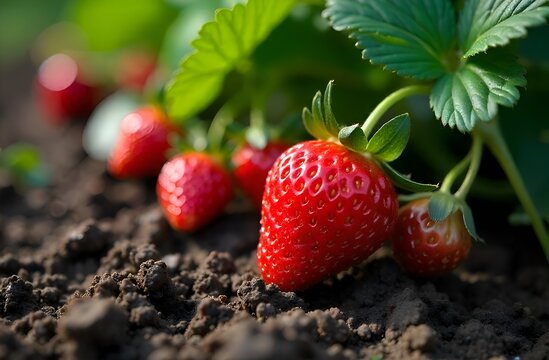 Fresh strawberries fruits on strawberry plants at strawberry fields. Summer harvest,  Summertime. Healthy