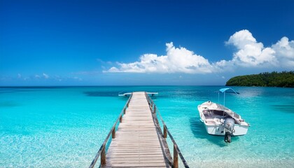 Fototapeta premium wooden st lead to a boat on turquoise waters tropical beach paradise