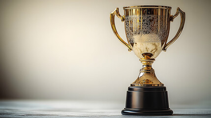 A gleaming gold trophy with ornate detailing sits on a simple wooden base against a muted background