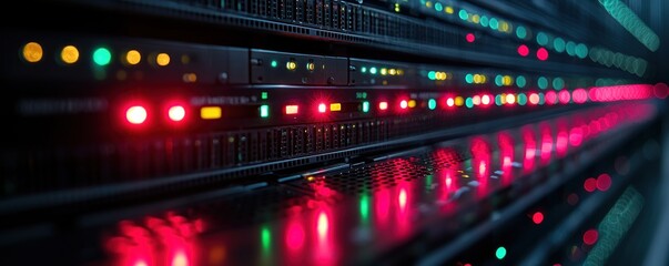 Glowing server rack with multicolored lights indicating system status.  Rows of equipment in a data center