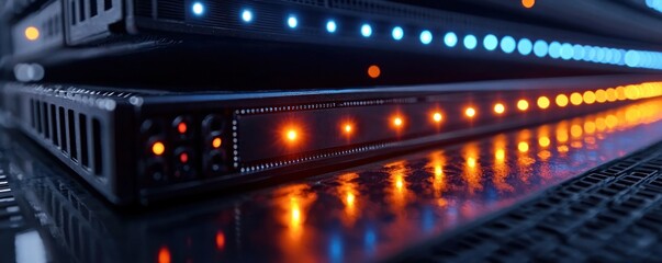 Illuminated server racks with glowing lights, reflecting on a dark surface, showcasing intricate details and technology
