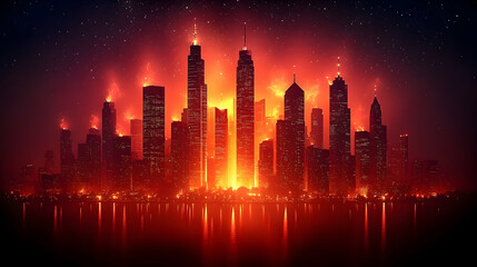 Fototapeta premium A fiery cityscape engulfed in flames, reflecting intensely on the water