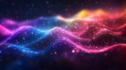 Vibrant, colorful particle waves flow across a dark background, creating a mesmerizing, abstract landscape