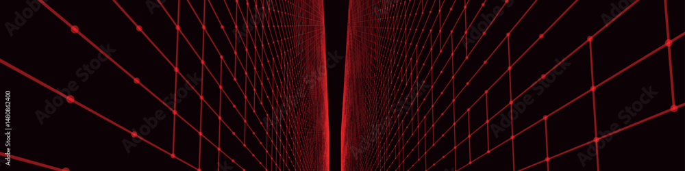 Poster futuristic colorful perspective grid. abstract wireframe with red grid on dark background. virtual l