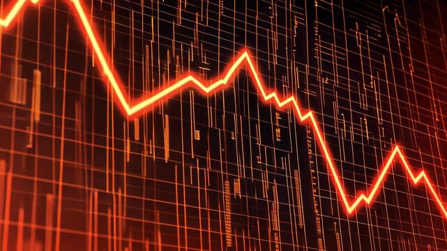 glowing financial chart with downward trending line over dark grid showing stock market decline