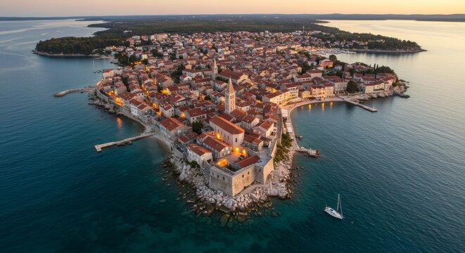 Rab Island Sunset Aerial View Adriatic Sea Croatia - Charming coastal town at sunset, Adriatic Sea, island architecture, tranquil waters, golden hour light. Symbolizing peace, beauty, history, travel