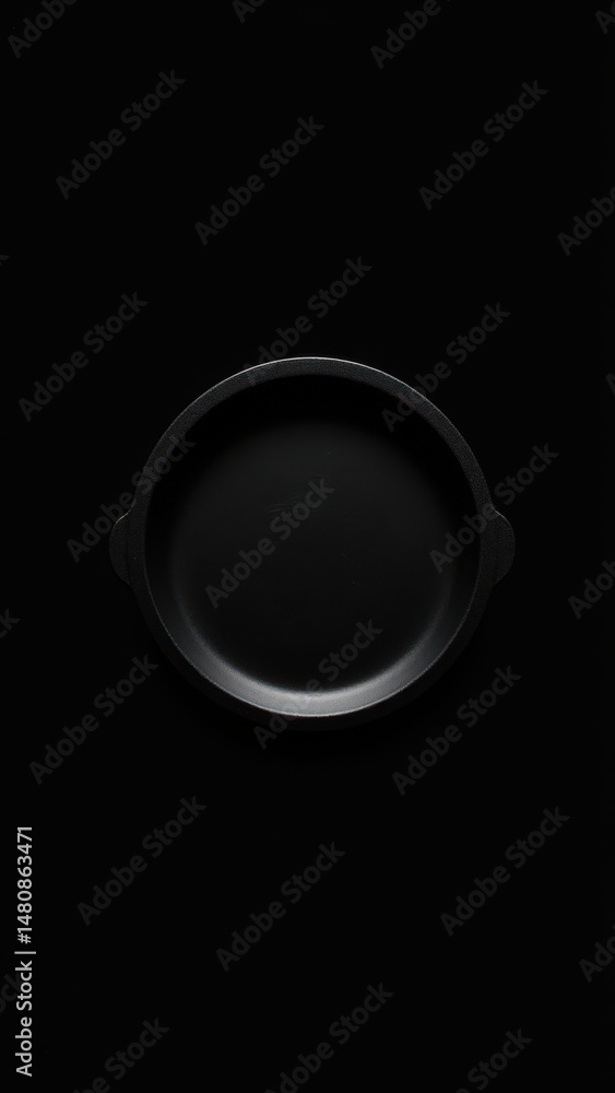 Poster a black frying pan with a round handle on a gradient background.