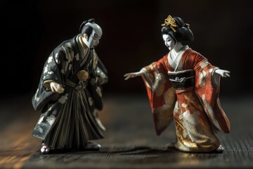 Kabuki actor and geisha figurines in traditional Japanese attire, poised in an elegant interaction.