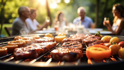 Group of people enjoying a barbecue in an outdoor setting during sunset,and with a large outdoor grill with various food items cooking on it,including steaks and vegetables.