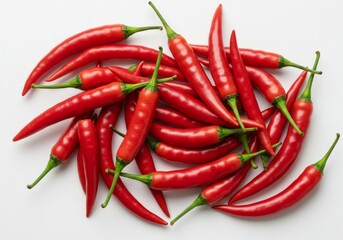 Red Chili Peppers Pile - A vibrant pile of fresh red chili peppers on a white background. Perfect for food blogs, recipes, and spicy food related projects